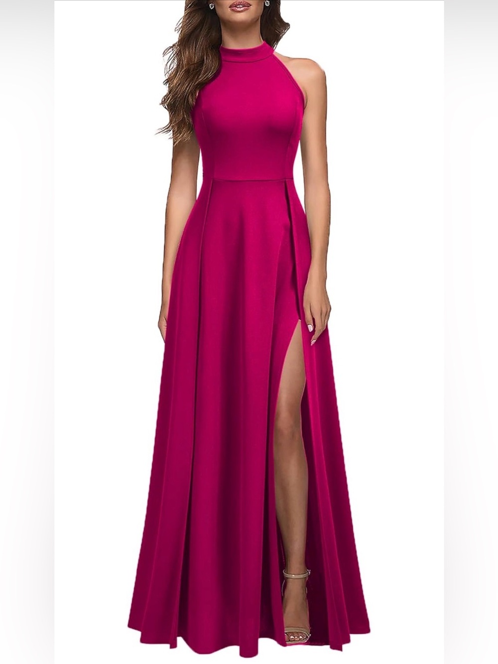 Elegant Double Slit Pink Halter Maxi Dress Size Large